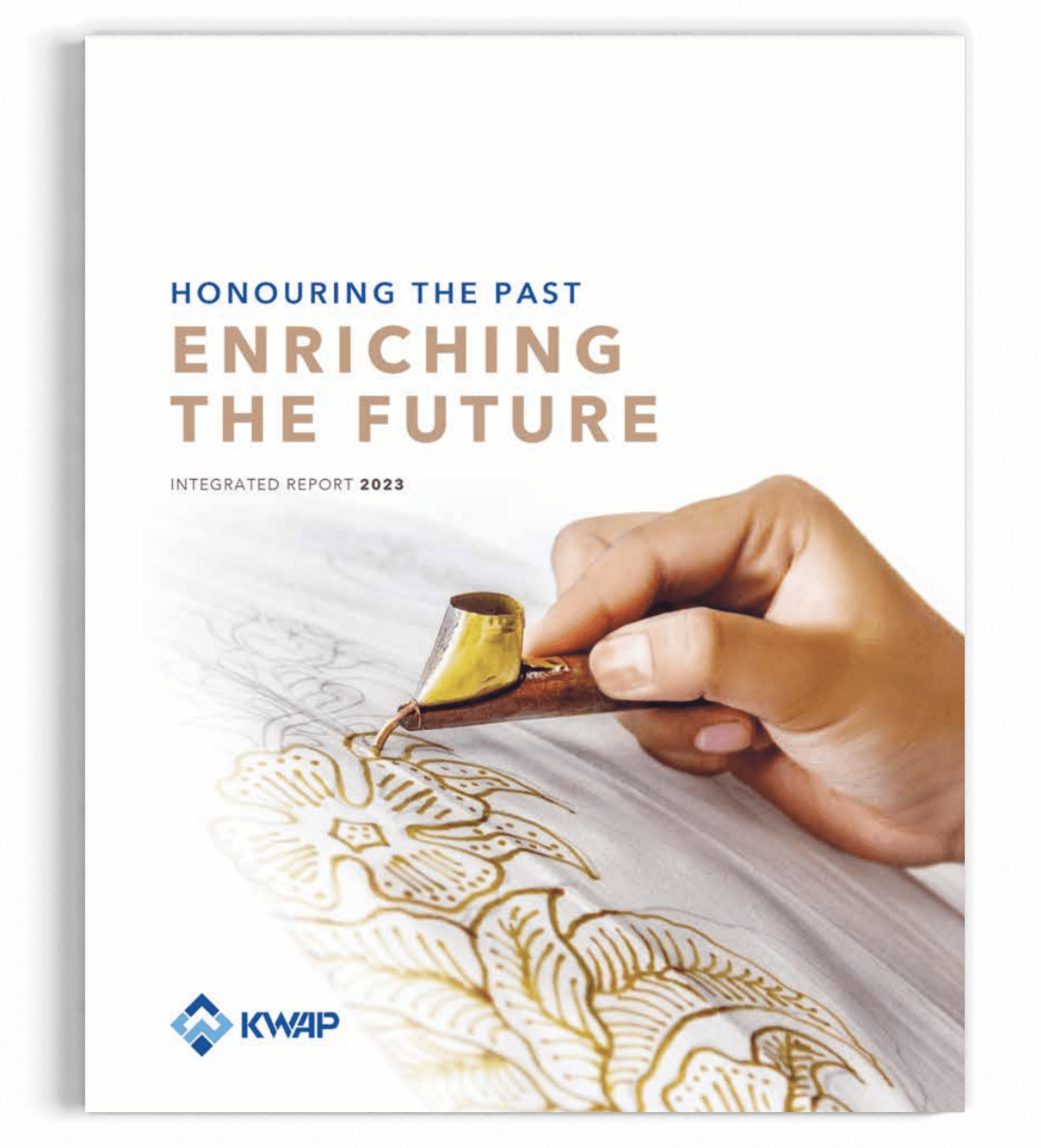 Cover of KWAP's 2023 Integrated Annual Report, featuring a hand painting batik with a canting